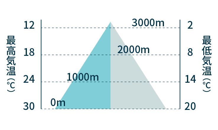 グラフ：標高0mでは最高気温30℃、最低気温20℃／標高1000mでは最高気温24℃、最低気温14℃／標高2000mでは最高気温18℃、最低気温8℃／標高3000mでは最高気温12℃、最低気温2℃