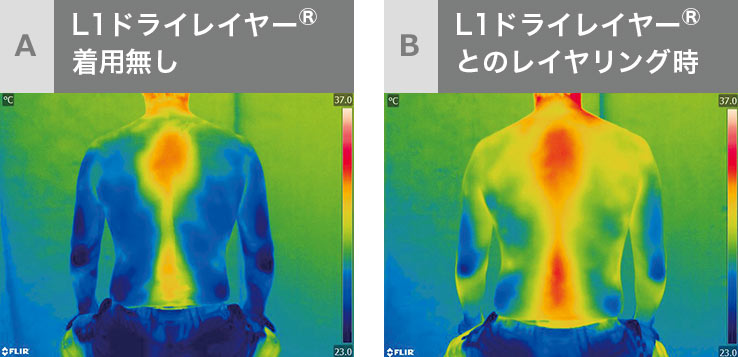 画像：L1ドライレイヤー着用無しとL1ドライレイヤーとのレイヤリング時の体の表面温度の差を表したサーモグラフィ画像