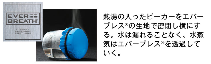 熱湯の入ったビーカーをエバーブレスの生地で密封し横にする。水は漏れることなく、水蒸気はエバーブレスを透過していく。