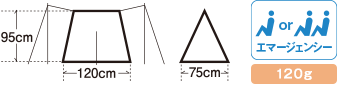 ピコシェルターのサイズは、高さ95cm、間口120cm、奥行75㎝です。1人用。エマージェンシー。120g（袋込み）